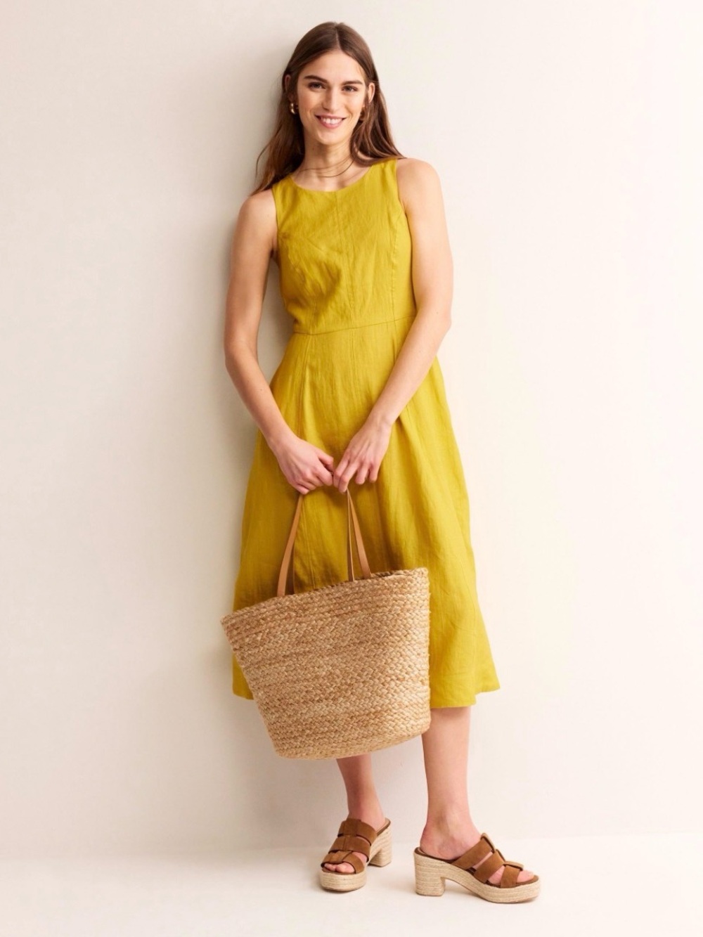 Boden Yellow Carla Linen Midi Dress